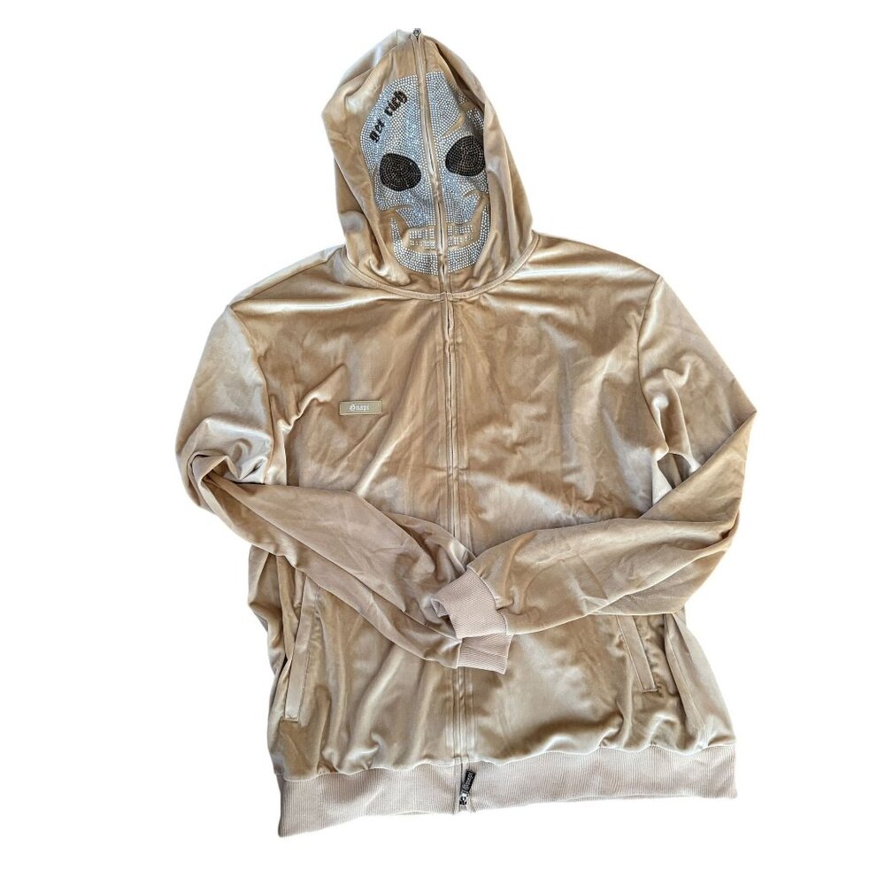 Guapi Rhinestone Skull Velour Full Zip Hoodie Tan Limited Edition Size XXXL NEW
